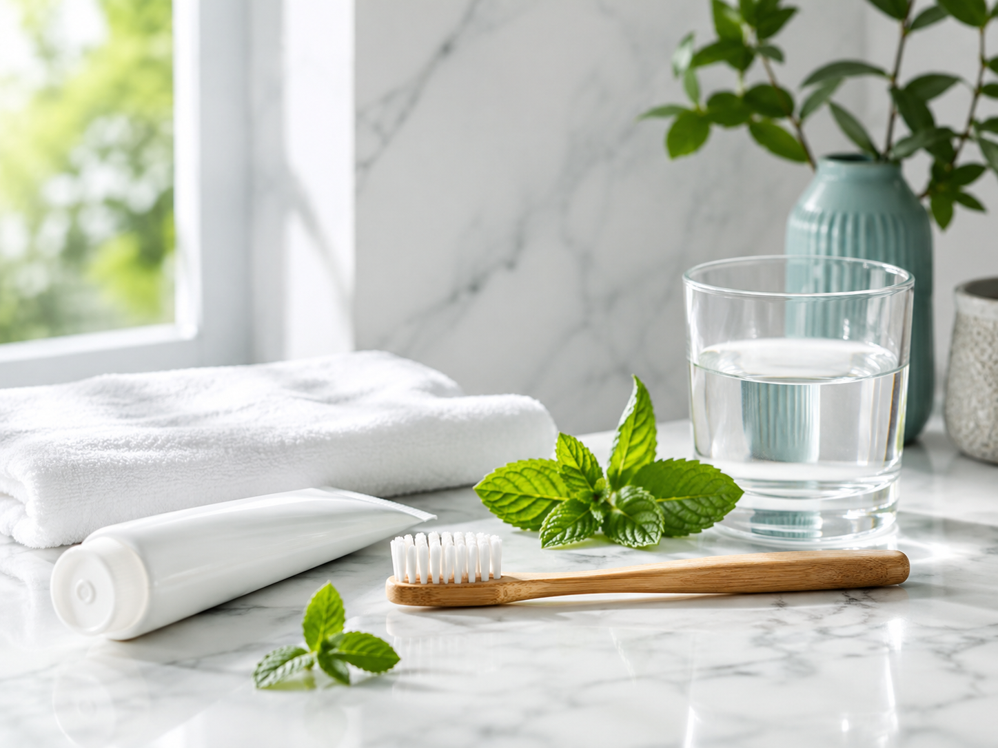 Daily oral care routine with toothbrush, toothpaste, water, and fresh mint