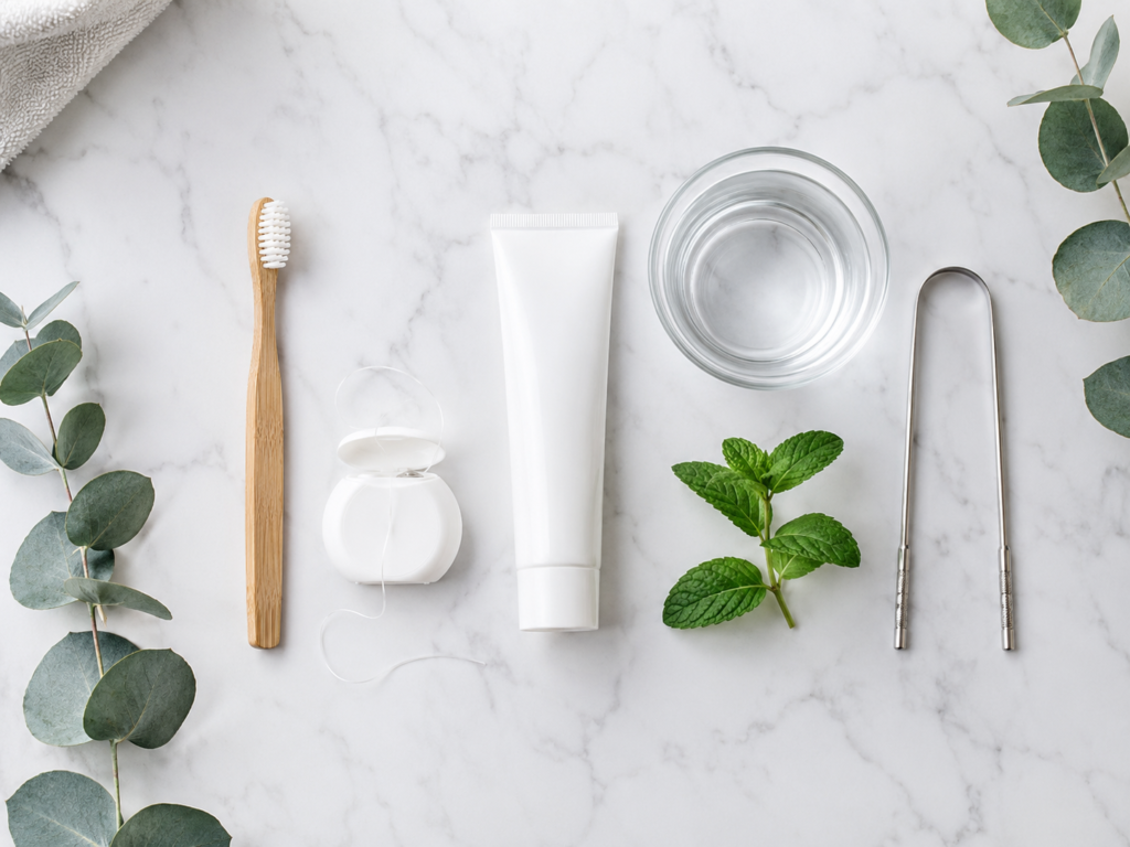 Daily oral hygiene essentials including toothbrush, floss, toothpaste, and tongue scraper