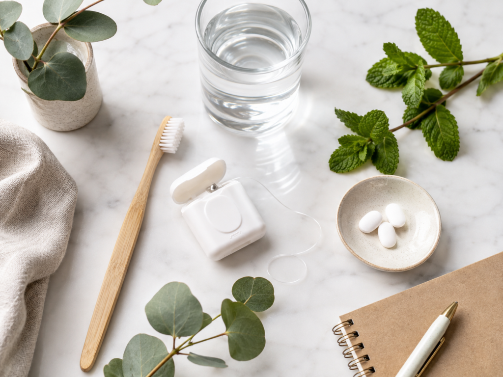 Simple daily oral wellness routine with toothbrush, floss, water, and mint