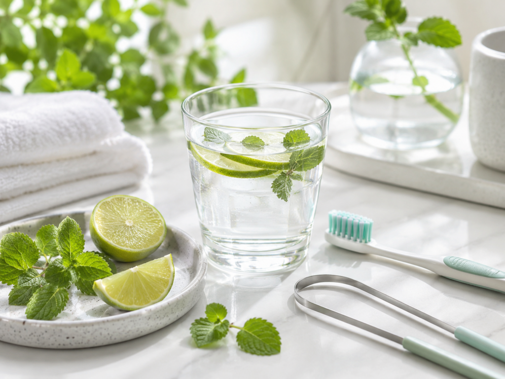 Water, mint, toothbrush, and tongue scraper for daytime oral wellness