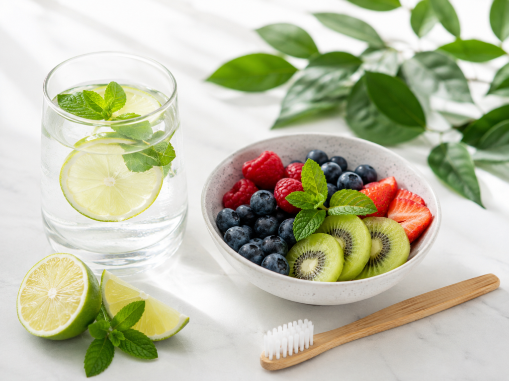 Fresh fruit, water, and oral care essentials for everyday oral wellness