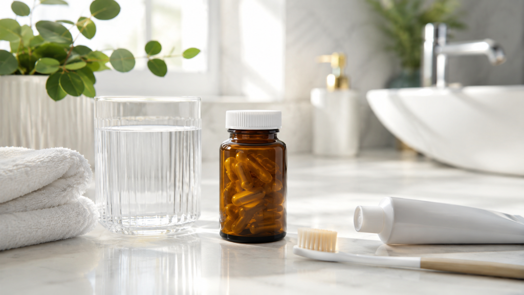 Oral probiotic bottle with a glass of water, toothbrush, and toothpaste on a bright clean bathroom countertop