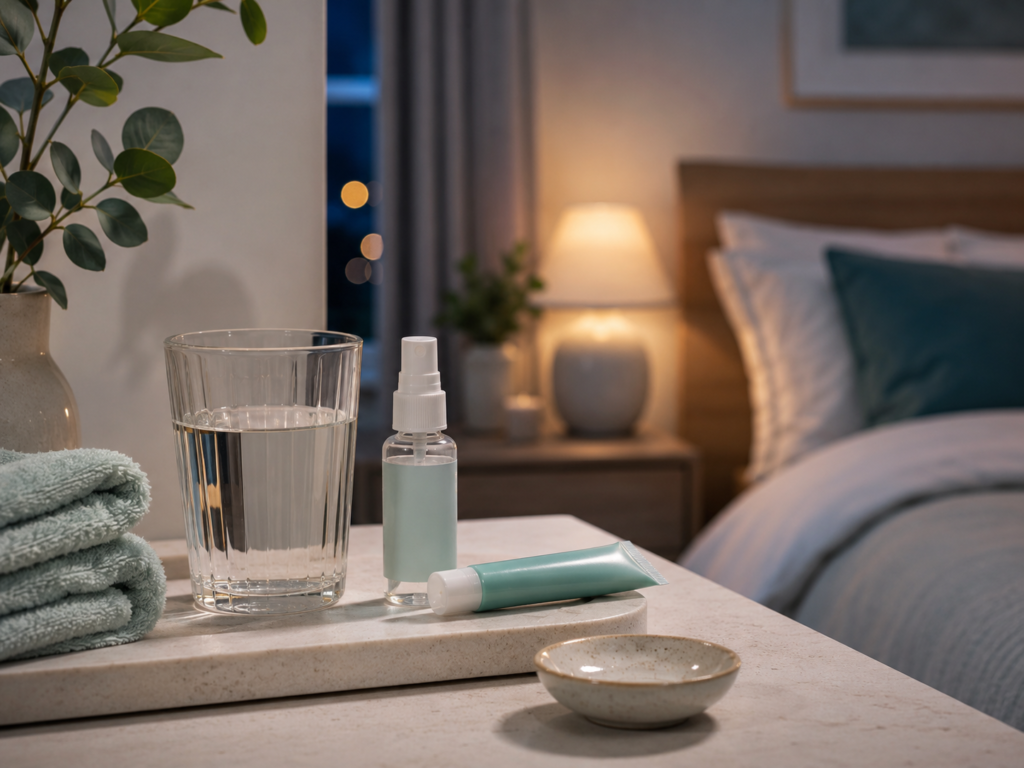 Water and oral moisturizing products for nighttime dry mouth comfort
