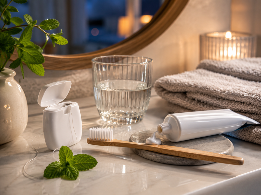 Evening oral care routine with floss, toothbrush, toothpaste, and water