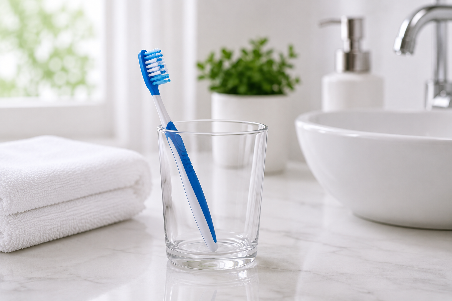 Toothbrush in a clear glass on a bright bathroom countertop as part of an everyday oral care routine