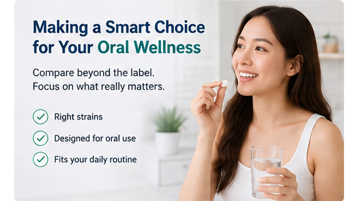 Woman considering an oral probiotic as part of her oral wellness routine