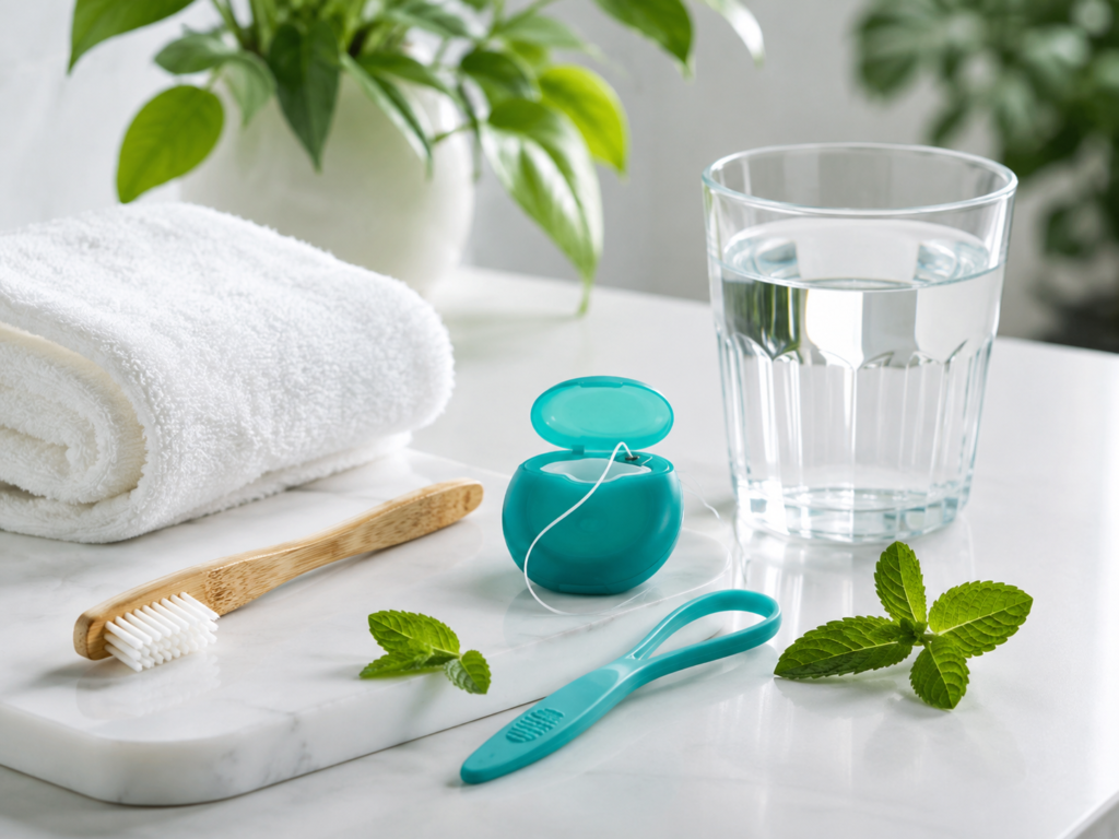 Toothbrush, floss, tongue scraper, and water for daily oral hygiene