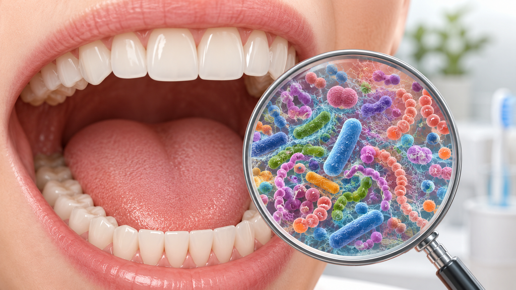 Illustration of the oral microbiome with beneficial and harmful bacteria in the mouth.