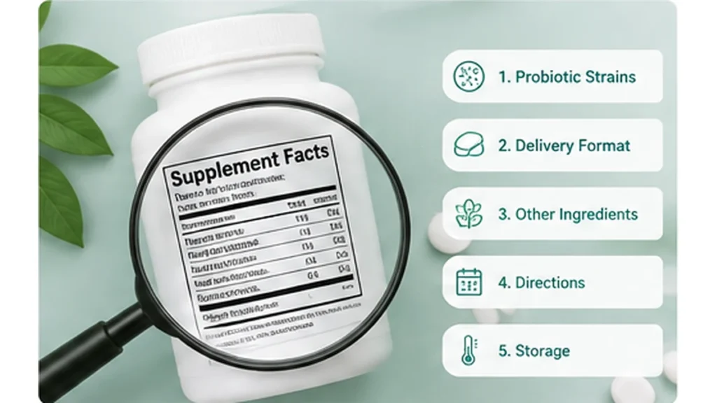 Oral probiotic supplement label showing factors to check before buying