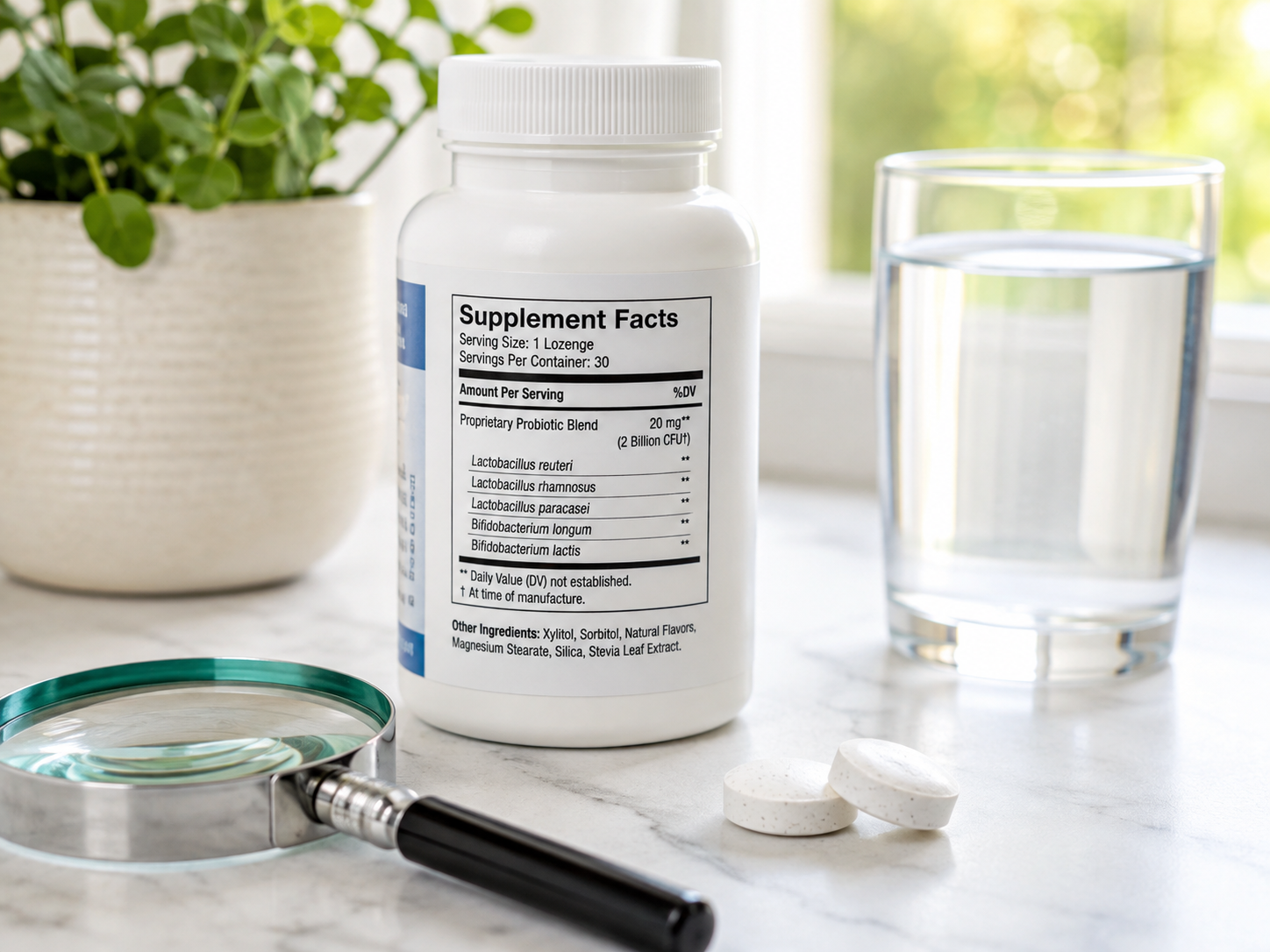 Oral probiotic supplement bottle with visible Supplement Facts panel, glass of water, and magnifying glass in a bright clean setting