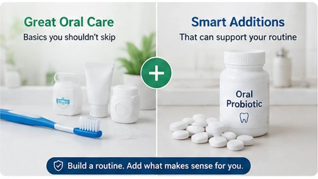 Oral probiotic shown as an optional addition to a daily oral care routine