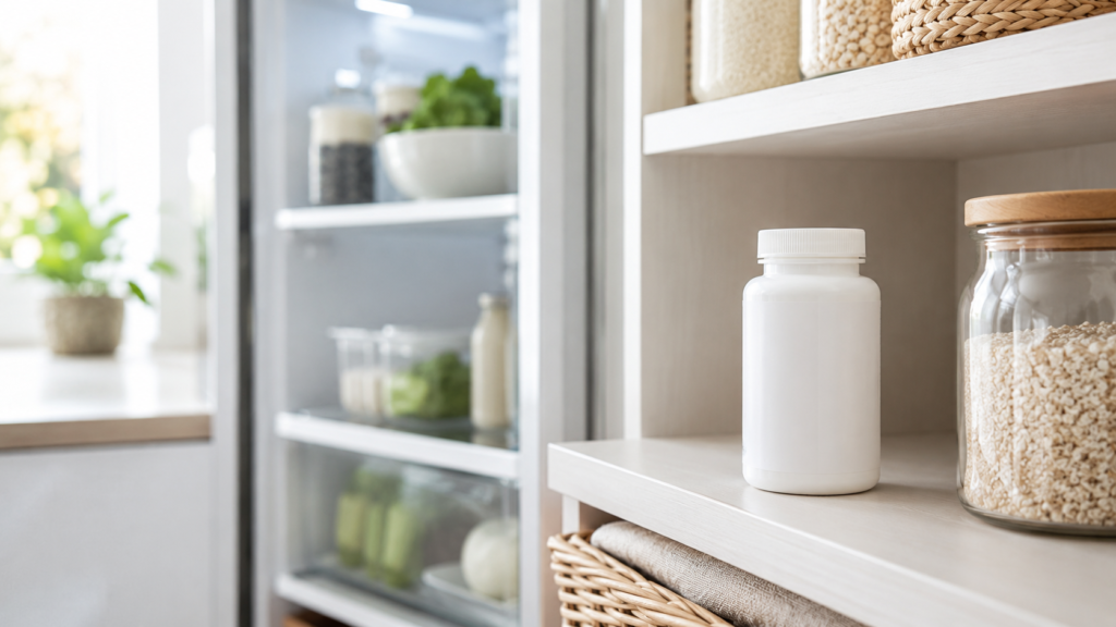 Oral probiotic bottle stored near a refrigerator and pantry shelf in a bright clean kitchen