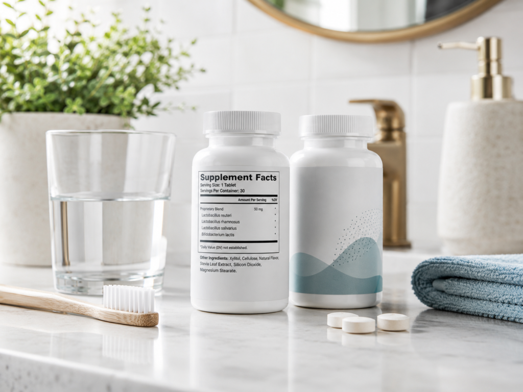 Two oral probiotic bottles with tablets, toothbrush, and glass of water in a bright bathroom setting