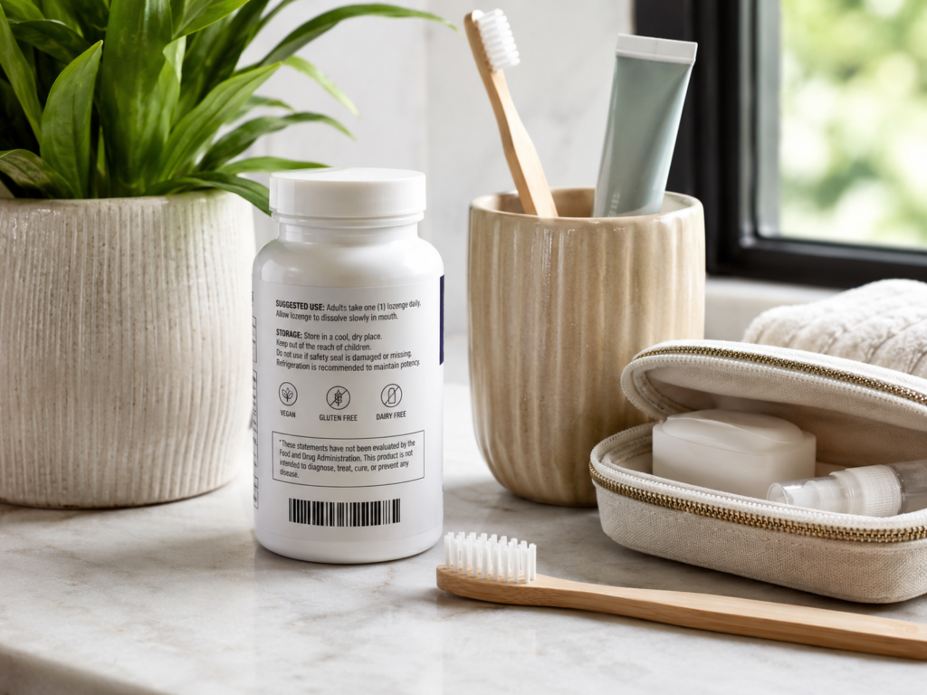 Oral probiotic bottle with usage and storage information beside toothbrush and travel pouch in a bright vanity scene