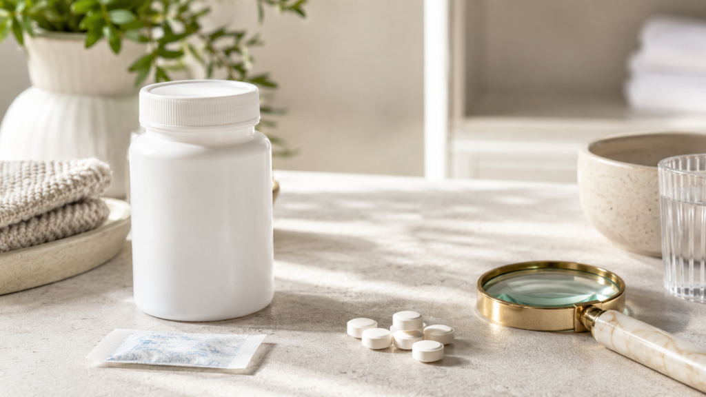 Oral probiotic bottle with tablets, moisture absorber packet, and magnifying glass on a bright clean surface