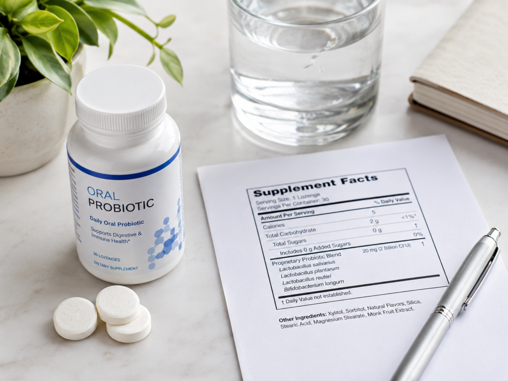 Flat lay of an oral probiotic bottle, lozenges, and a printed Supplement Facts sheet on a clean marble surface