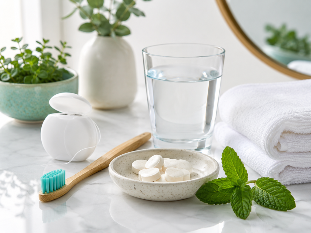 Minimal oral wellness routine with toothbrush, water, fresh mint, and probiotic tablets