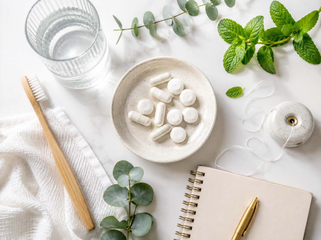 Oral probiotic supplements with daily oral care essentials