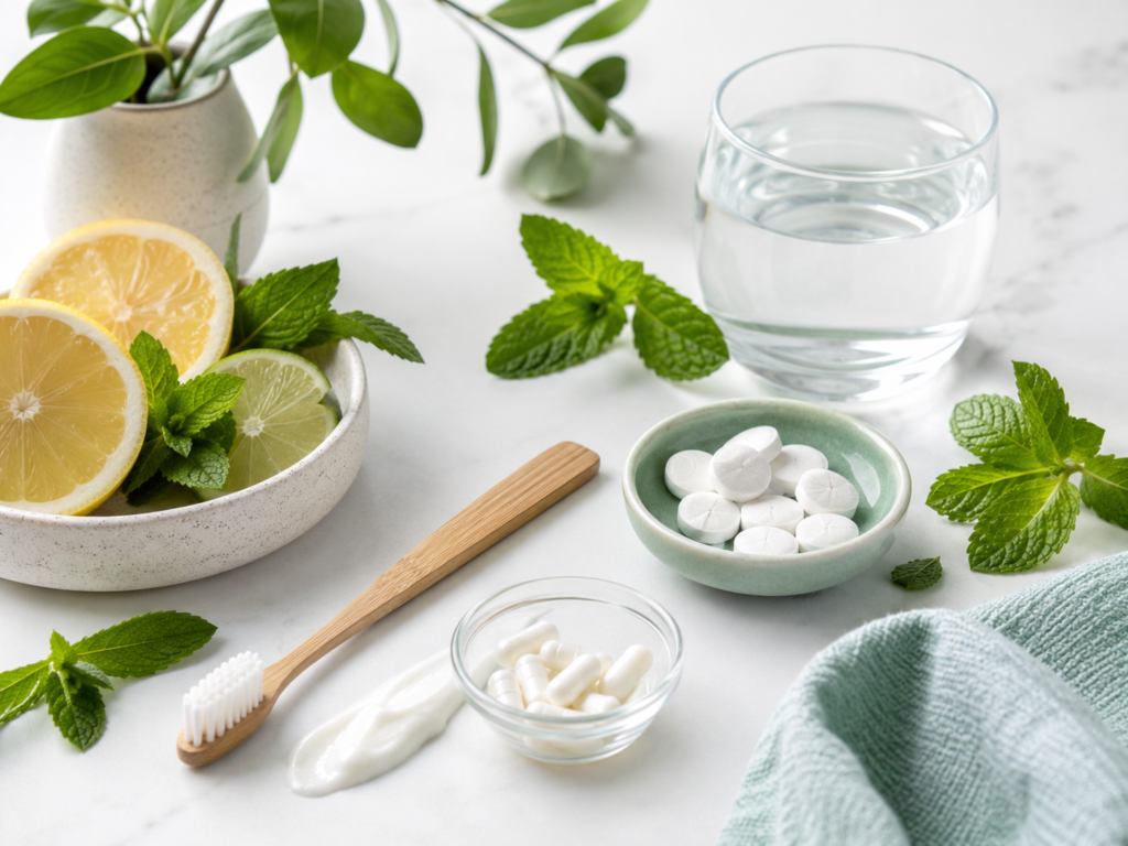Flat lay of oral wellness essentials including probiotics, toothbrush, floss, and water
