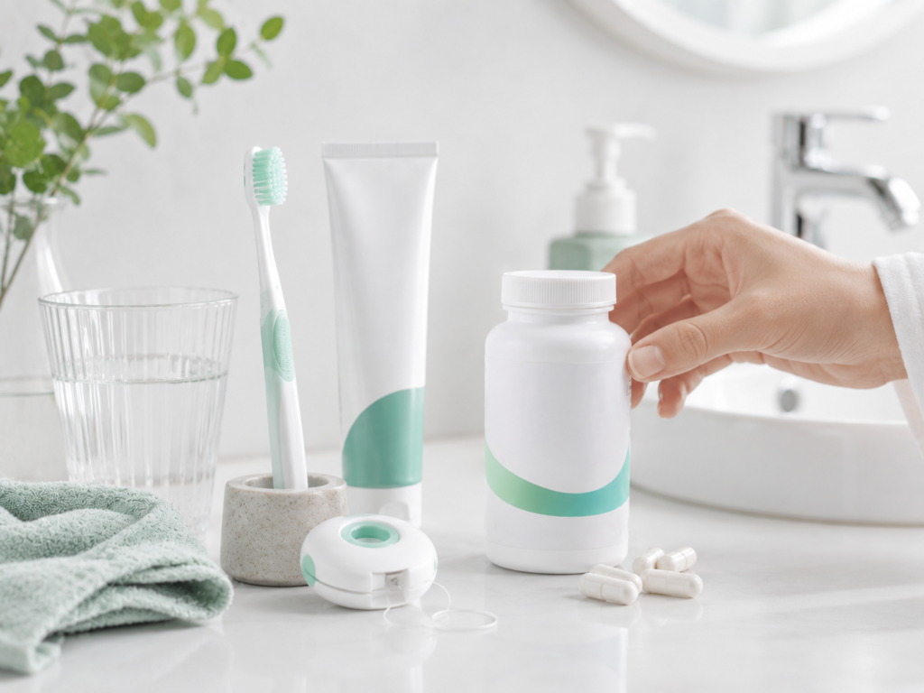 Toothbrush floss and oral probiotic used as parts of an oral care routine