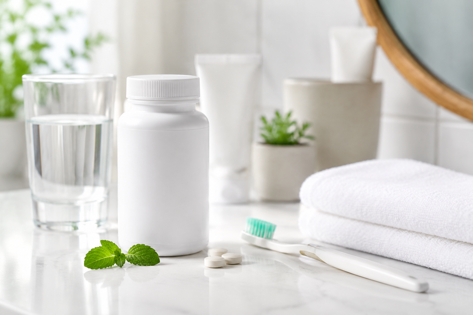 Oral probiotic supplement bottle beside water, a toothbrush, and a notebook as part of a consistent daily routine