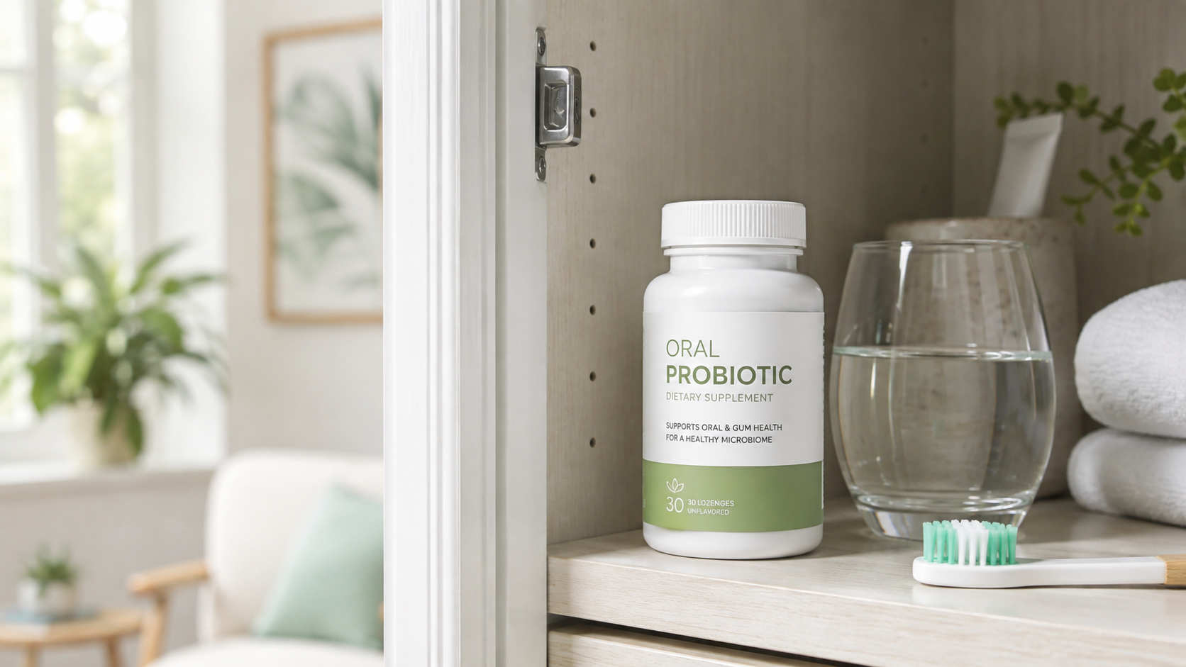 Oral probiotic bottle stored properly in a cool dry cabinet