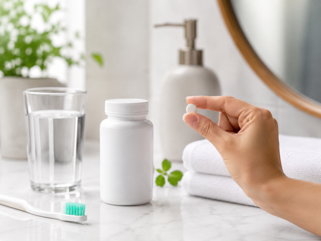 Oral probiotic supplement placed with water, floss, toothbrush, and toothpaste on a clean bathroom counter