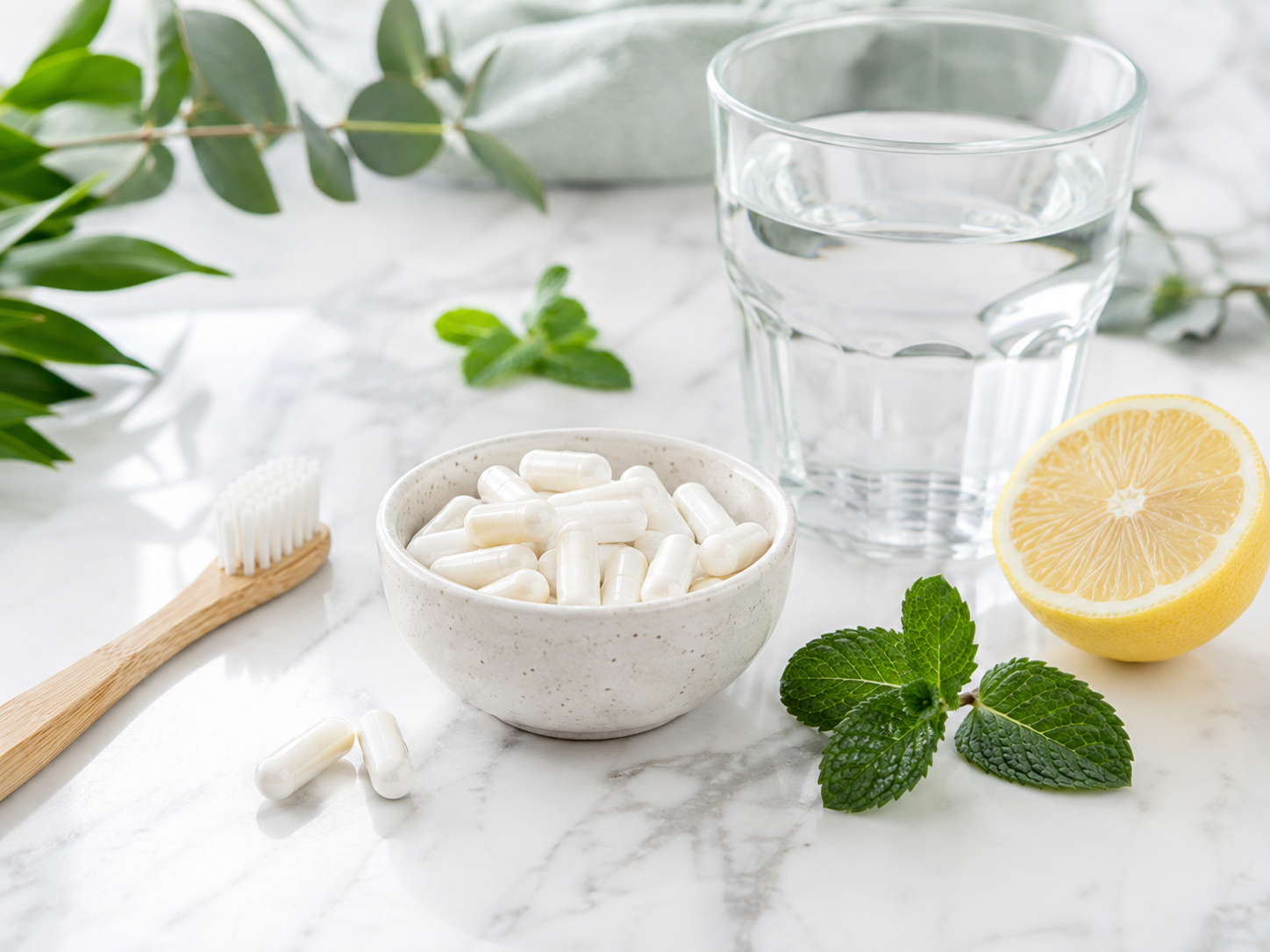 Oral probiotics with toothbrush, water, lemon, and mint for oral wellness