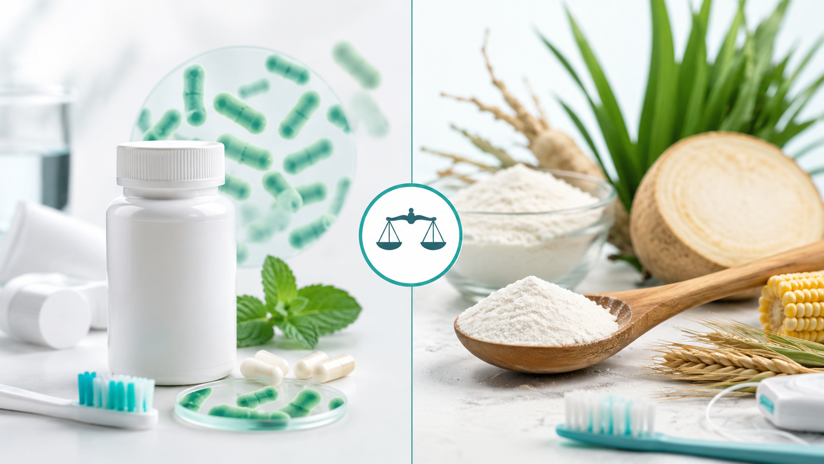 Probiotics vs. prebiotics for oral wellness – key difference explained with simple visual.