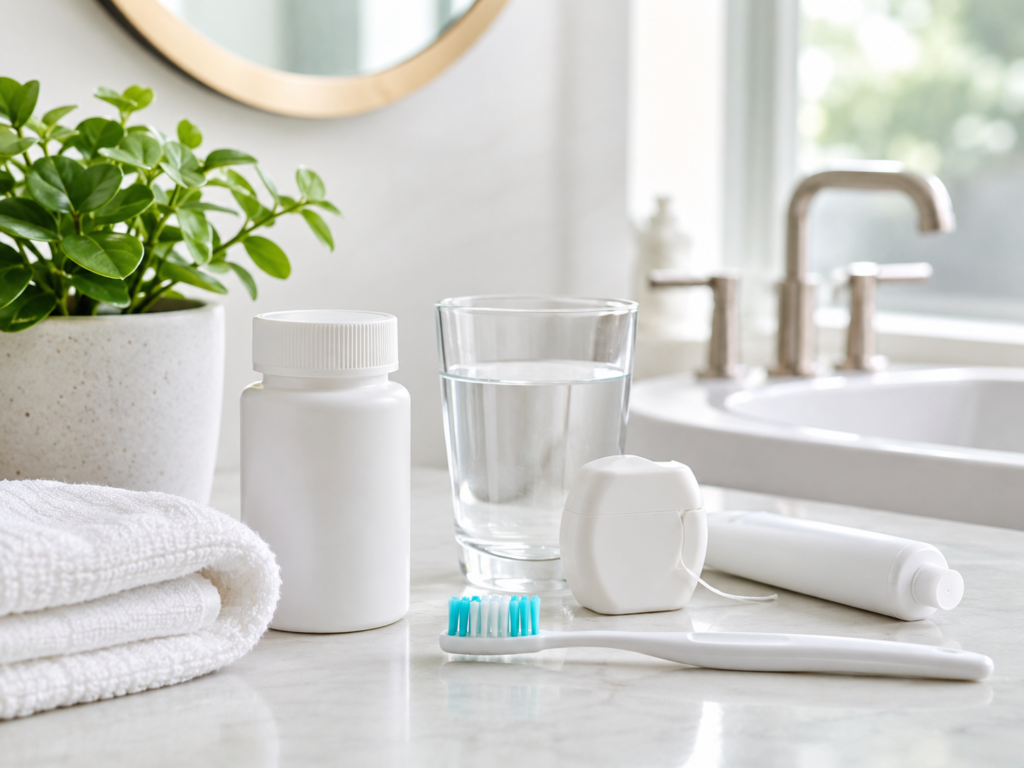 Simple oral wellness routine setup with oral probiotic supplement, water, and clean bathroom essentials
