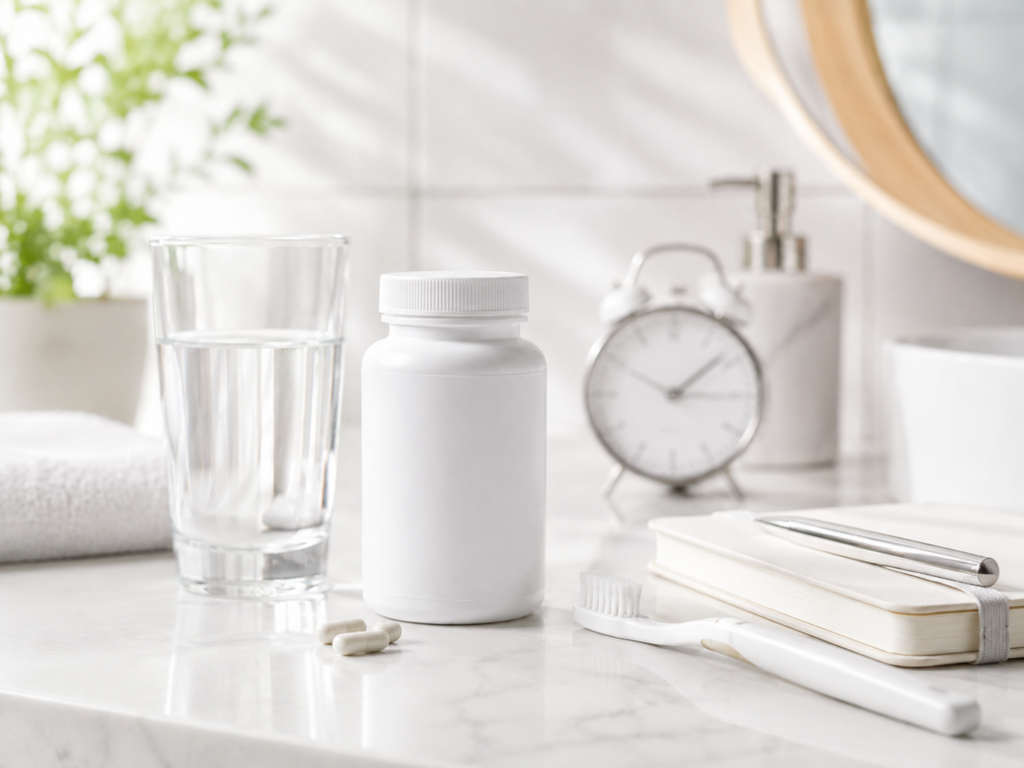 Hand holding an oral probiotic tablet beside water and oral care items in a bright bathroom setting