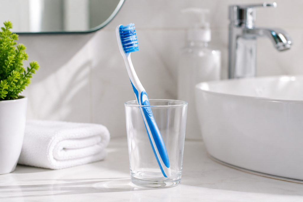 Clean toothbrush beside a bathroom sink representing a simple daily oral care routine