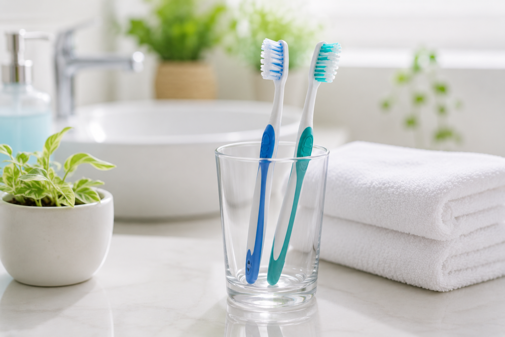 Two clean toothbrushes in a bright bathroom setting representing regular toothbrush replacement and oral hygiene