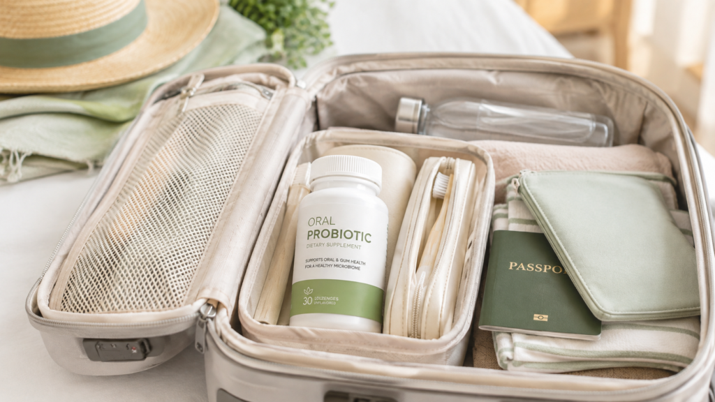 Oral probiotic bottle packed safely for travel