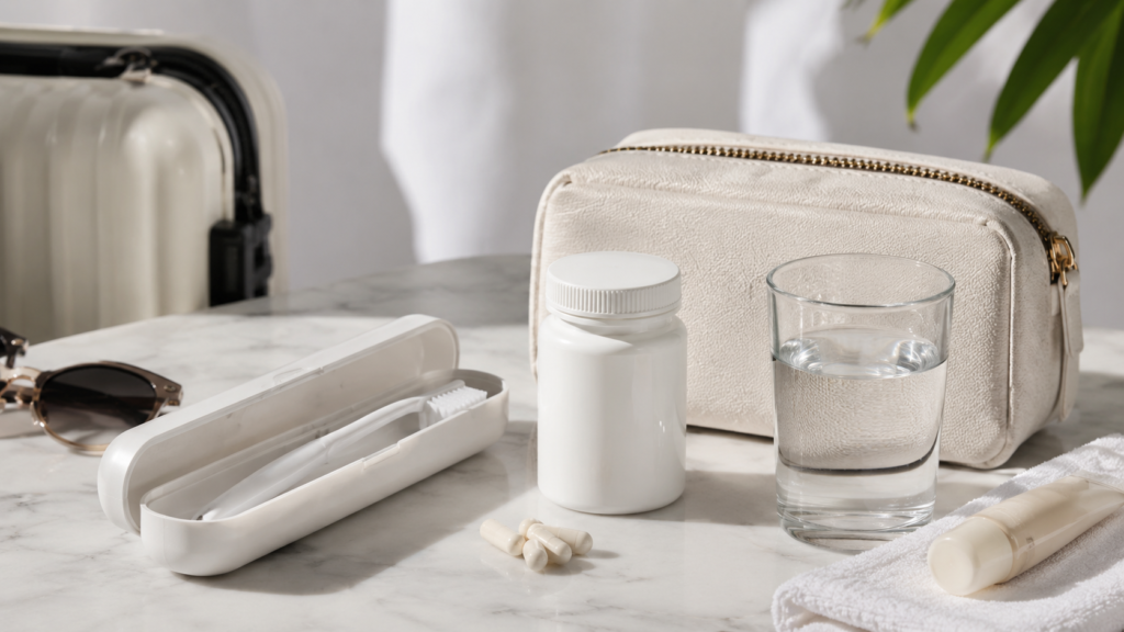 Travel pouch, toothbrush case, oral probiotic bottle, and glass of water arranged in a bright lifestyle setting