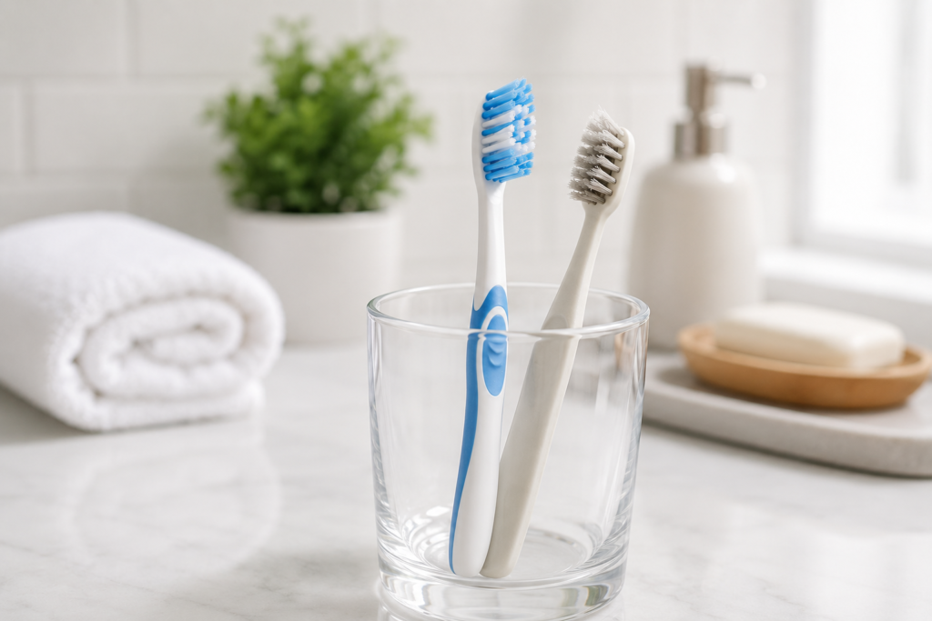 New and worn toothbrushes showing the difference between fresh and visibly used bristles