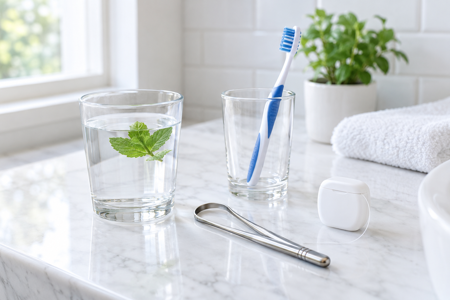 Glass of water, toothbrush, tongue scraper, and dental floss on a bright bathroom counter representing habits for fresher breath