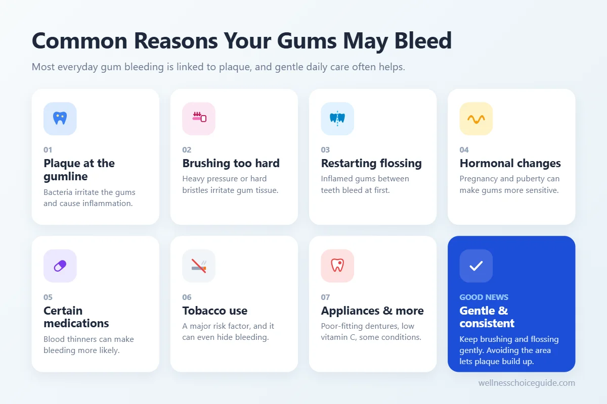 Infographic showing common reasons gums may bleed, including plaque, brushing too hard, and restarting flossing