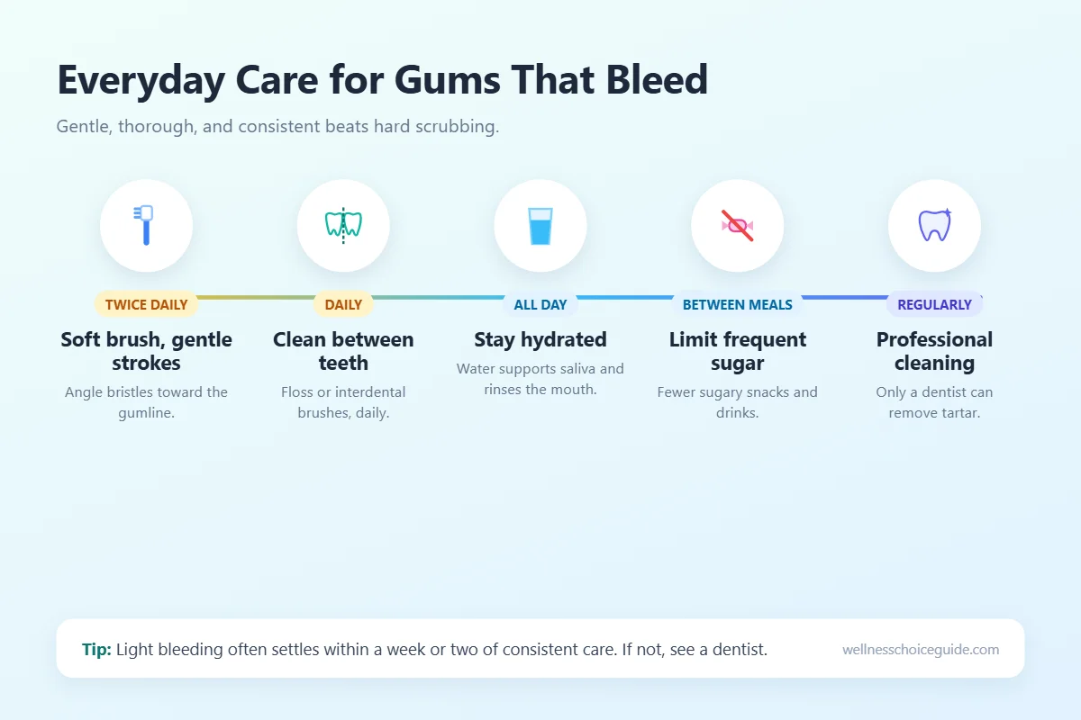 Everyday care routine for bleeding gums: soft brushing, cleaning between teeth, hydration, less sugar, and dental cleanings