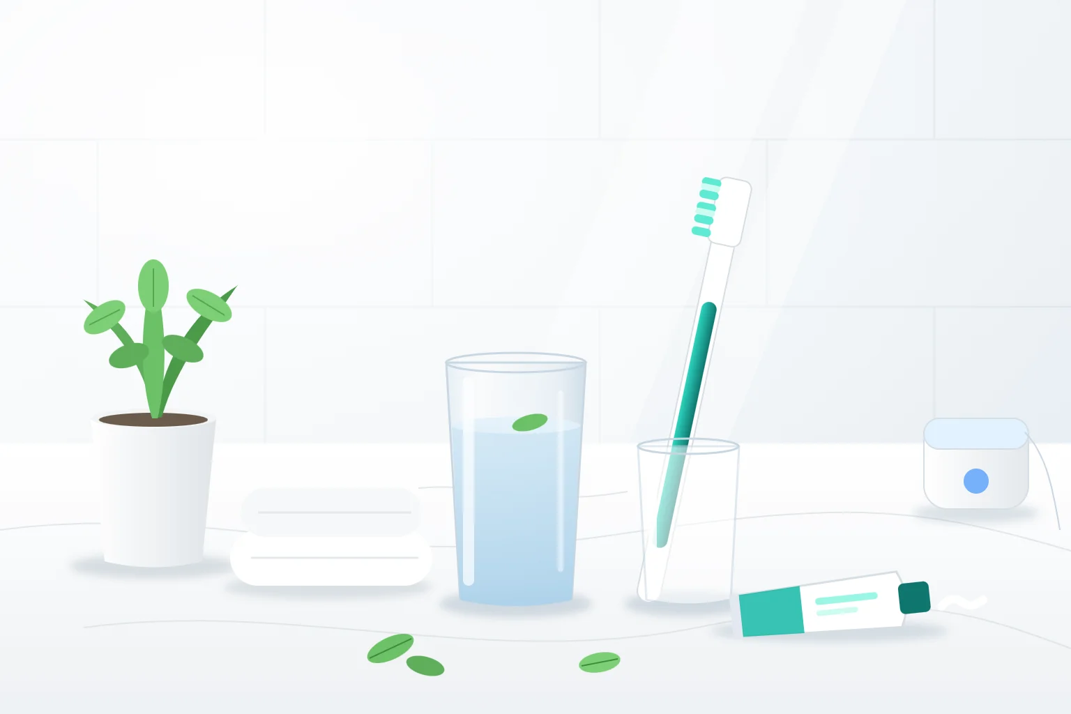 Toothbrush, toothpaste, dental floss, and a glass of water on a bright bathroom counter for daily plaque control